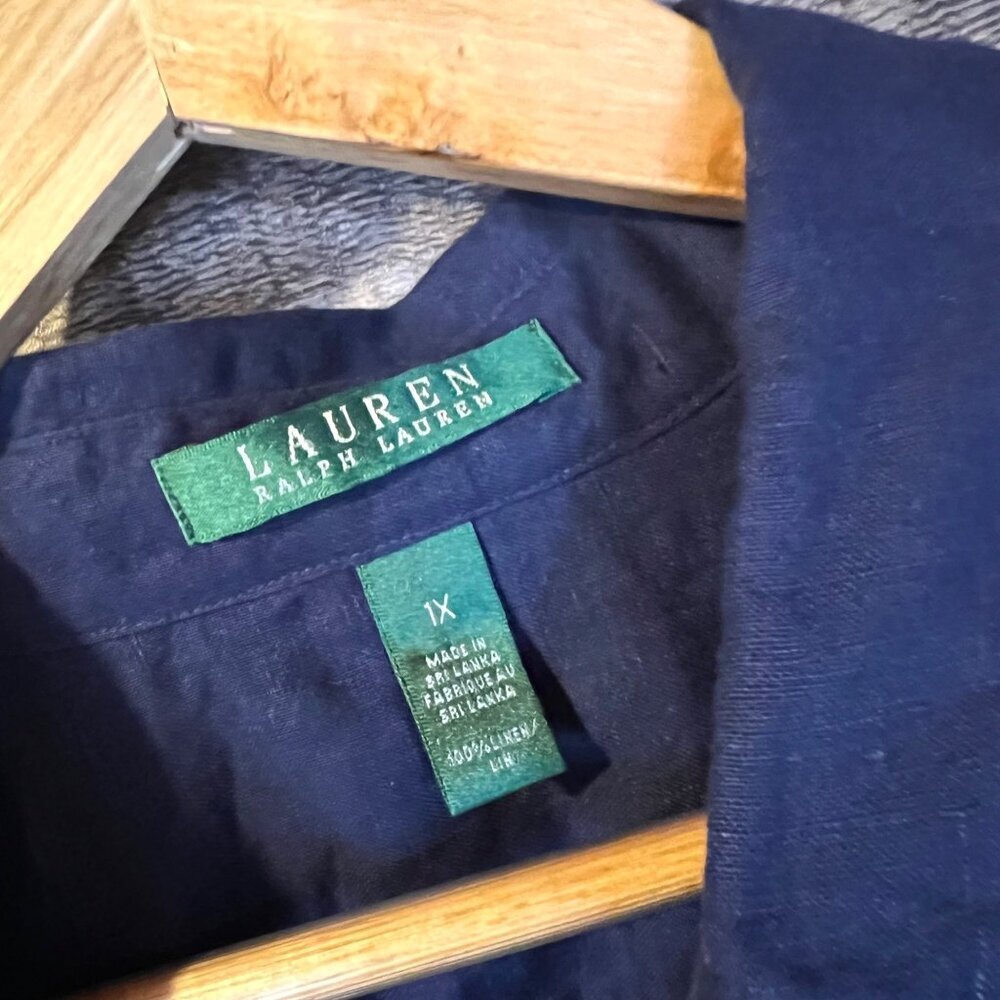Lauren Ralph Lauren Navy Button Up Linen Shirt 1X Minimalist Quiet Luxury Preppy - Picture 3 of 4
